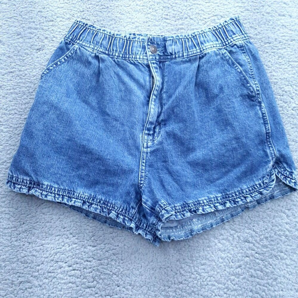 American Eagle High Waisted Mom Shorts Blue Denim With Elastic Waist Pockets